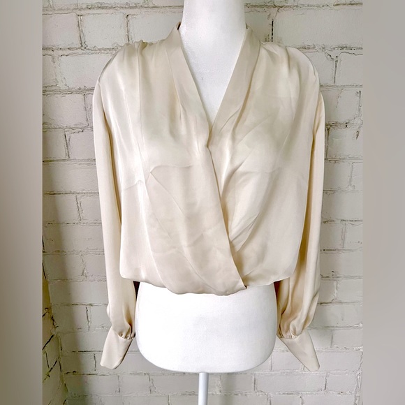 NWT, Express Ivory Embellished Cuff Draped Front Satin Blouse - XS - NWT - Picture 2 of 16